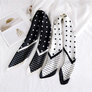 Elegant 70cm square silk scarf with classic polka dot pattern in black and white layout
