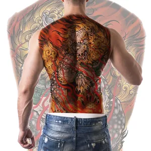 Detail of traditional East Asian dragon and flame temporary back tattoo for men