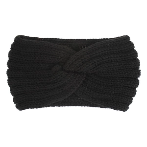 Close-up of black knitted cross headband showing detailed wool texture and twist knot