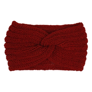 Detailed knit texture of burgundy twist headwrap on clean white background