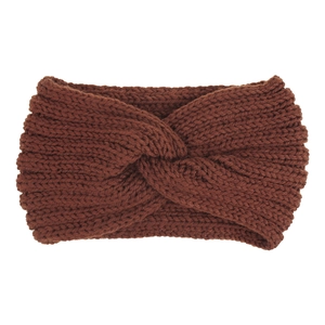Detailed knit texture of a brown crossover headband made of premium soft wool material
