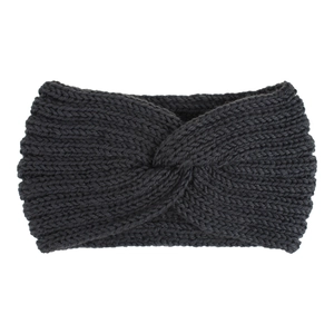 Detailed knit texture and central twist knot on dark grey winter headband