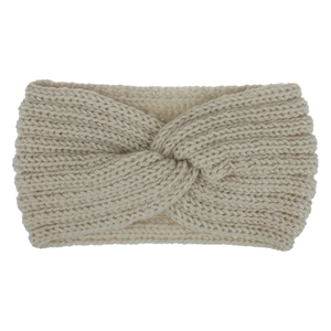 Detailed close-up of beige knitted headband with a classic twist knot design and thick texture