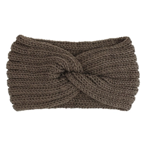 Detail of coffee brown knitted twist headband featuring soft winter fabric texture
