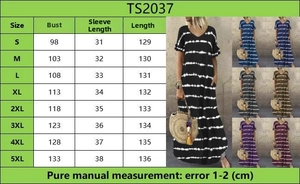 Size chart for summer V-neck striped maxi dress and multi-color product display