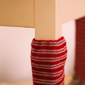 Christmas burlap forest man chair leg cover with red and white striped knit protection