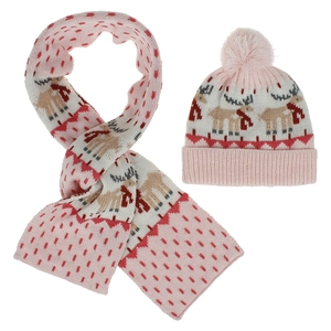 Détail du set bonnet et écharpe tricotés roses pour enfants avec motif de cerf et pompon