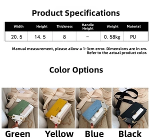 Detailed chart showing PU leather crossbody bag dimensions and available color options