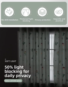 Detail of semi-blackout green lattice curtain featuring cactus print and soft lighting