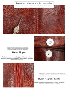 Detail view of brown lychee leather grain with golden zipper and magnetic snap closure