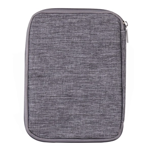 Detailed view of gray rectangle storage bag with woven texture and metal zipper