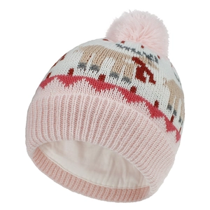 Close-up of pink knit winter hat featuring reindeer pattern and soft warm cotton lining