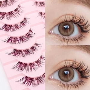 Detail view of fox-style false eyelashes and a model wearing them for a natural eye lift