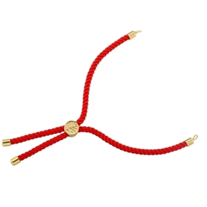 Detail of red braided Milan cord bracelet with gold adjustable slider buckle