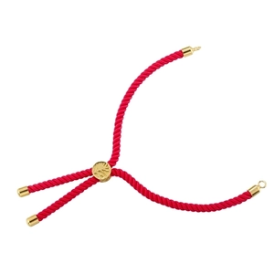 Detail of red braided Milan cord bracelet with adjustable gold metal sliding clasp