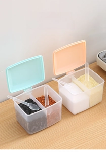 Dual-compartment kitchen spice box set with transparent jars and small serving spoons