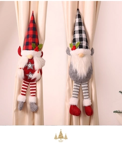 Christmas gnome curtain tiebacks with red and grey plaid patterns for festive home decor