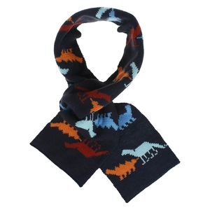 Détail de l'écharpe en tricot pour enfants bleu marine avec motifs de dinosaures colorés