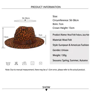 Chapeau fedora en laine léopard avec bande en cuir, taille 56-58cm bord 7cm