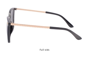 Vue latérale de lunettes de soleil carrées avec branches en métal tressé or rose et cadre noir