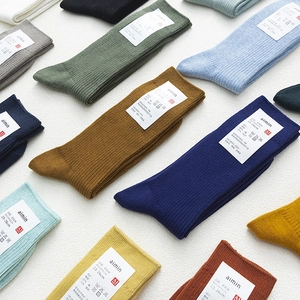 Men Crew Socks Ribbed Cotton Blend Solid Color Sweat Absorbent Breathable Japanese Retro Style Mid Tube Hosiery