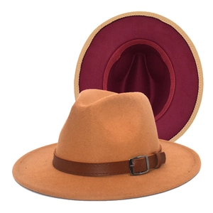 Classic camel wool fedora hat with wide brim and decorative brown leather belt