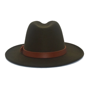 Close-up of olive green wool fedora hat featuring a brown leather decorative band