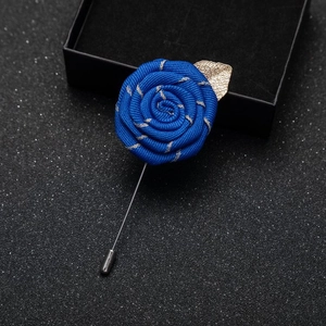 Blue rose fabric flower brooch with golden leaf and silver pin for men suits