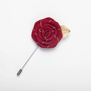 Handmade red fabric rose flower brooch with golden leaf for men and women's suit lapels