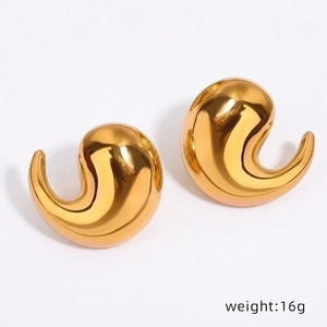 Detailed view of teardrop earrings measuring 2.1cm by 2.4cm with polished gold finish