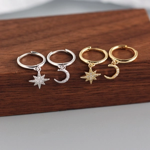 Asymmetric S925 sterling silver hoop earrings with sparkling star and moon zircon charms
