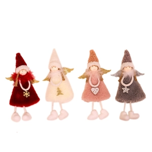 Set of four plush Christmas angel ornaments with knitted hats and sparkling wings