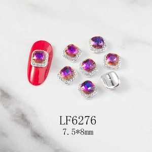 Macro detail of LF6276 3D square nail charm with purple rhinestone and silver base