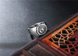 Macro shot of silver titanium ring featuring a billiard black number 8 design detail