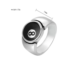 Detailed view of billiard number 8 ring showing 13mm face diameter and 13g weight specs