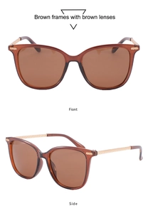 Détail de lunettes de soleil carrées marron avec branches en métal doré à texture tressée
