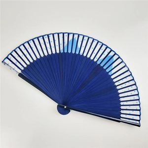 Detailed view of dark blue bamboo ribs and blue polka dot pattern on a Japanese silk folding fan