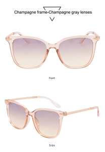 Détail des lunettes de soleil œil de chat champagne avec branches en métal doré et verres dégradés