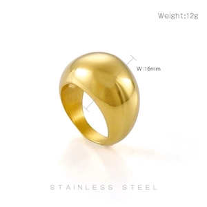 Close-up of a 16mm polished gold stainless steel dome ring with weight details and mirror reflection