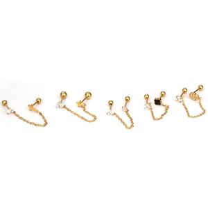 Golden stainless steel chain stud earrings with star cross and zircon details