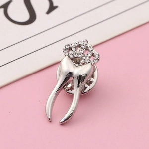 Silver crown tooth brooch with sparkling rhinestones for medical dental professionals