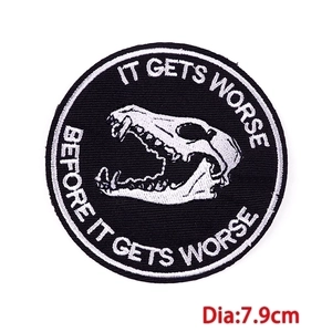 7.9cm round skull embroidery patch with slogan it gets worse before it gets worse
