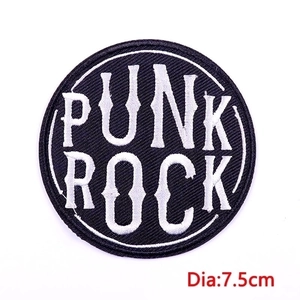 7.5cm round punk rock embroidered patch with black fabric base and white lettering