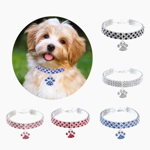 Rhinestone Pet Collar Necklace Alloy Silver Plated Elastic Adjustable Extension Chain Paw Pendant Bling Jewelry For Dogs Cats