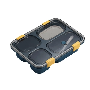 Deep blue 4-compartment bento box with transparent lid and yellow secure buckles