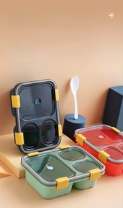 Three-compartment bento box with silicone seal ring and secure yellow side buckles