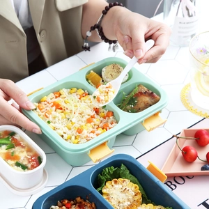 Three compartment plastic bento lunch box with leakproof locks and utensils for meal prep