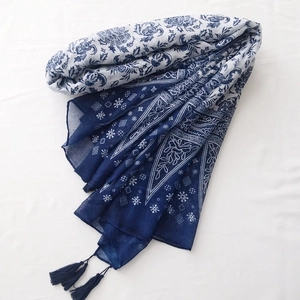 Classic blue and white porcelain floral print cotton scarf with decorative tassels