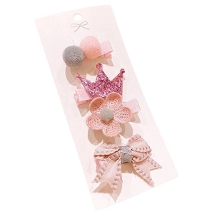 Cute children's 4-piece hair clip set with pink sequin crown and fabric bows