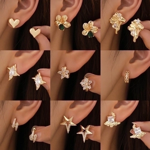 14K Gold Plated Copper Earrings For Women Geometric Heart Star Flower Zircon Inlaid Ear Cuffs Fashion Jewelry